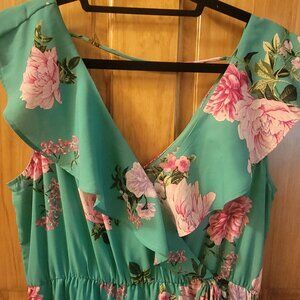 Green Floral Faux Wrap Dress